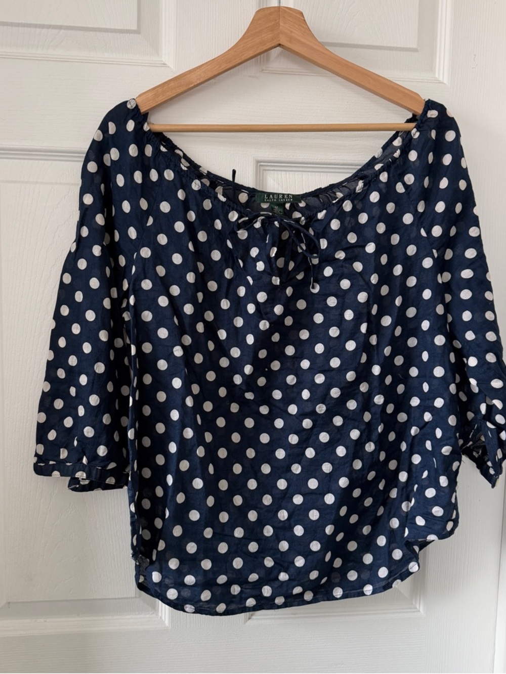 Lauren Ralph Lauren Navy Polka Dot Peasant Top